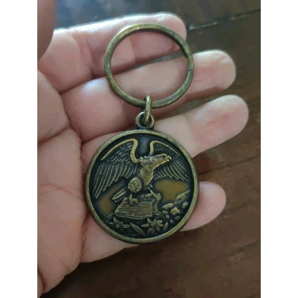 Vintage Brass Eagle Round Metal Keychain W/ Patina